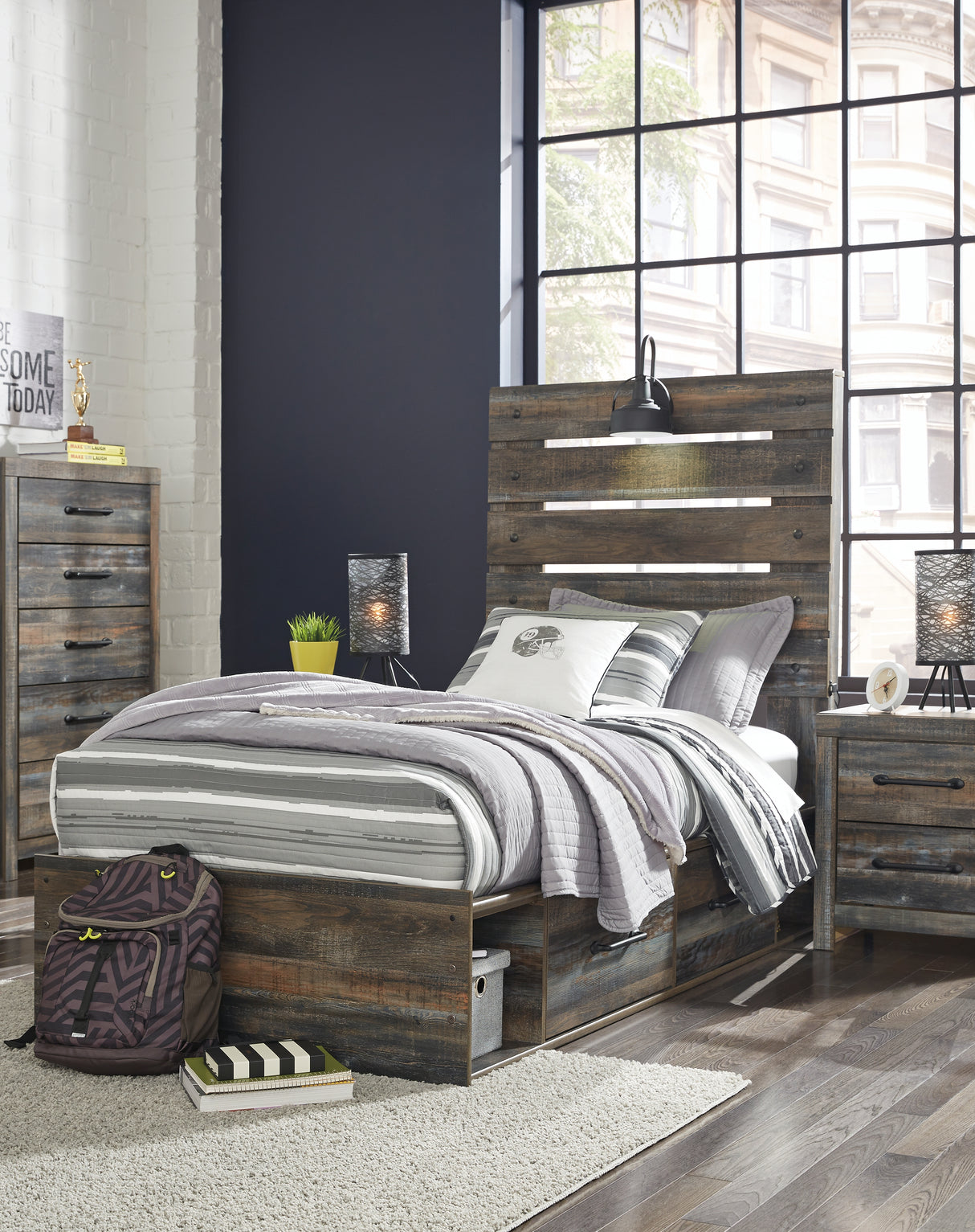 Furniture City - MS - Ashley Furniture - Drystan Bedroom - Twin Panel Bed with 2 Storage Drawers / Multi - B211B8
