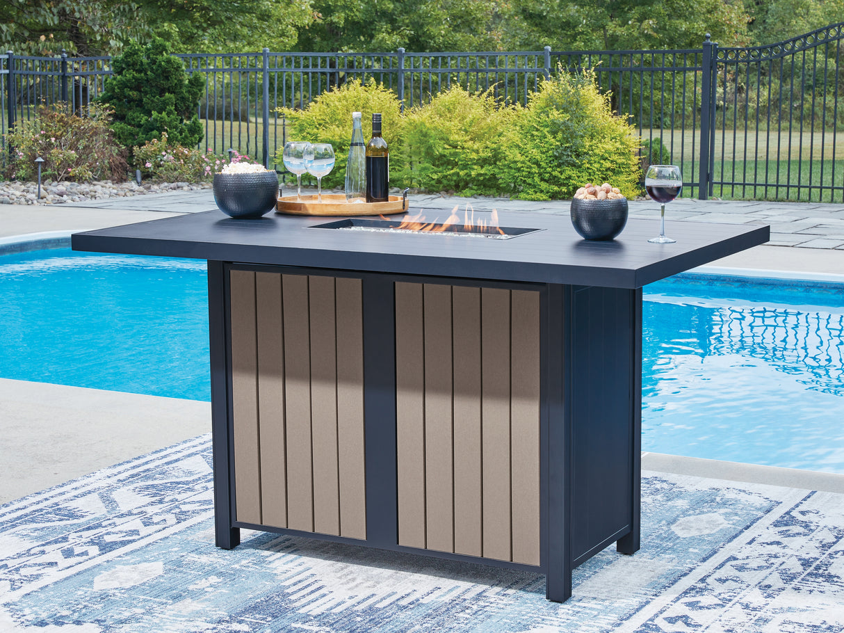 Furniture City - MS - Ashley Furniture - East Beach Outdoor - RECT Bar Table w/Fire Pit / Navy Blue/Driftwood - PCP587-665