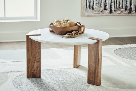 Furniture City - MS - Ashley Furniture - Isanti Coffee Table - Round Cocktail Table / White/Brown - T652-8