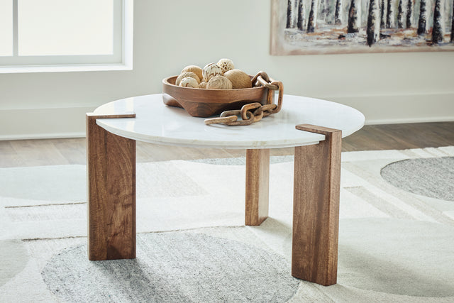 Furniture City - MS - Ashley Furniture - Isanti Coffee Table - Round Cocktail Table / White/Brown - T652-8