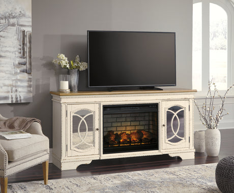 Furniture City - MS - Ashley Furniture - Realyn 74" TV Stand with Electric Fireplace - 74" TV Stand with Electric Fireplace / Chipped White - W743W2
