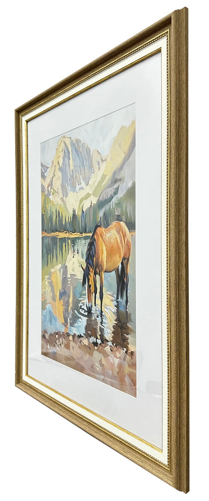 Alpine Watering II - 24 X 32 - Framed Print Under Glass - Brown, Green, Blue, Cream, Gray, White Mat, Brown Frame, Gold-Tone Frame Accents