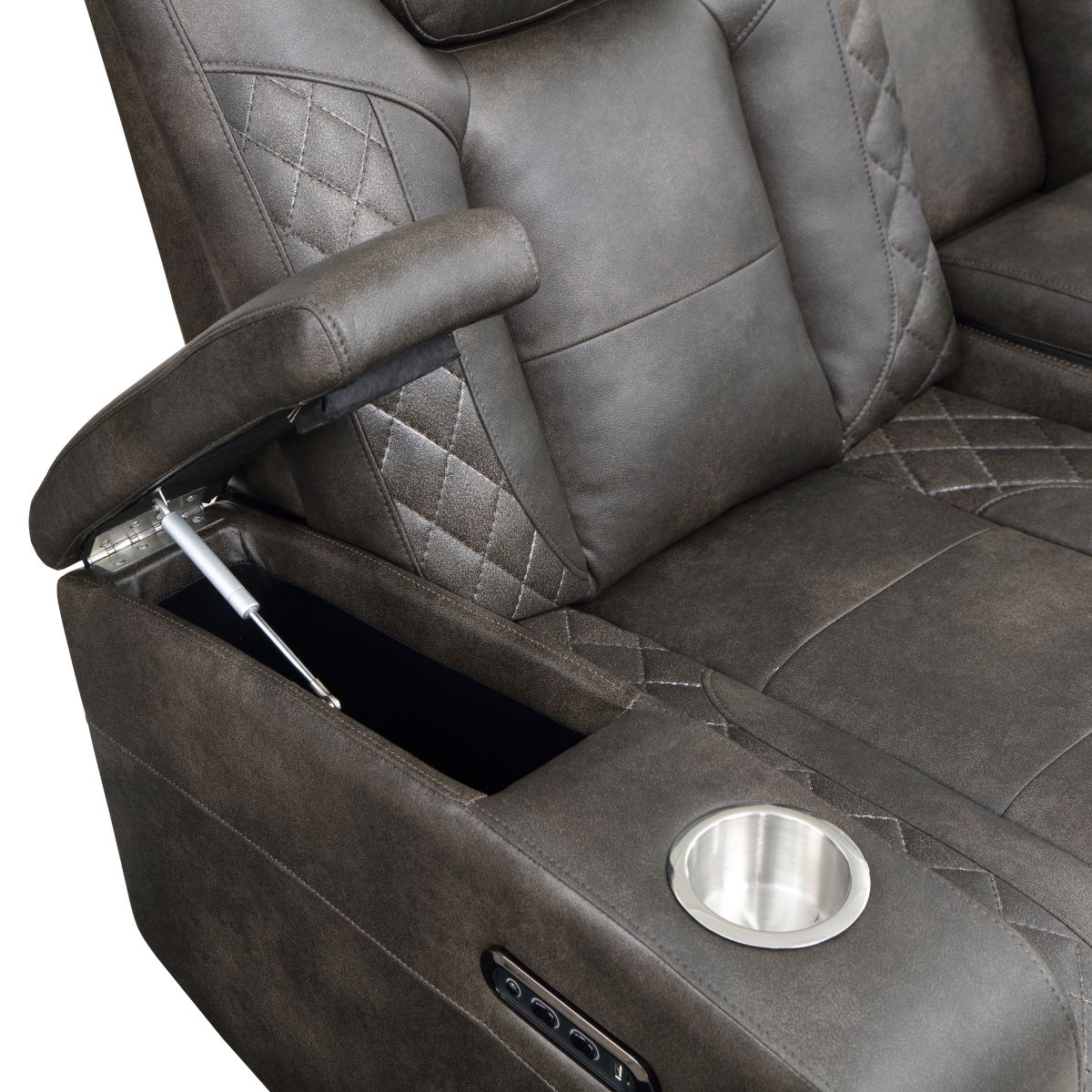 Tabor - Power Double Reclining Loveseat With Center Console, Power Headrests, Storage Arms And Cup Holders - Brownish Gray