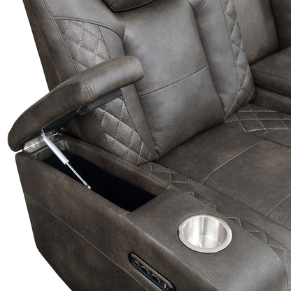 Tabor - Power Double Reclining Loveseat With Center Console, Power Headrests, Storage Arms And Cup Holders - Brownish Gray