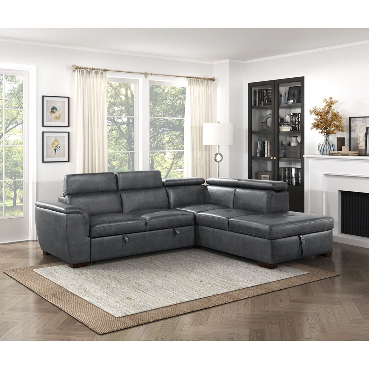 Barre - 2 Piece Sectional With Pull-Out Bed And Right Chaise With Hidden Storage, Adjustable Headrests - Gray