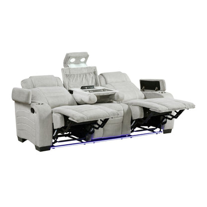 Ronan - Double Reclining Sofa With Center Drop-Down Cup Holders, Storage Arms, Cup Holders, Reading Lights, Magazine Bag, Receptacles, Charging Ports And Led - Gray