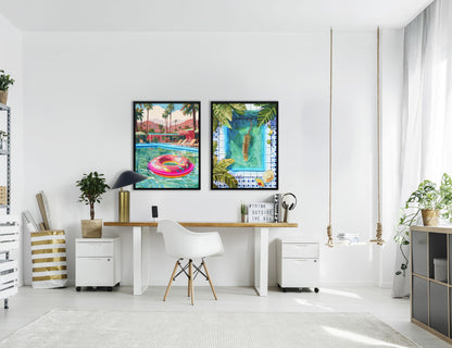 Poolside Prowl Hand-Embellished LED Canvas In Frame - Green / Blue