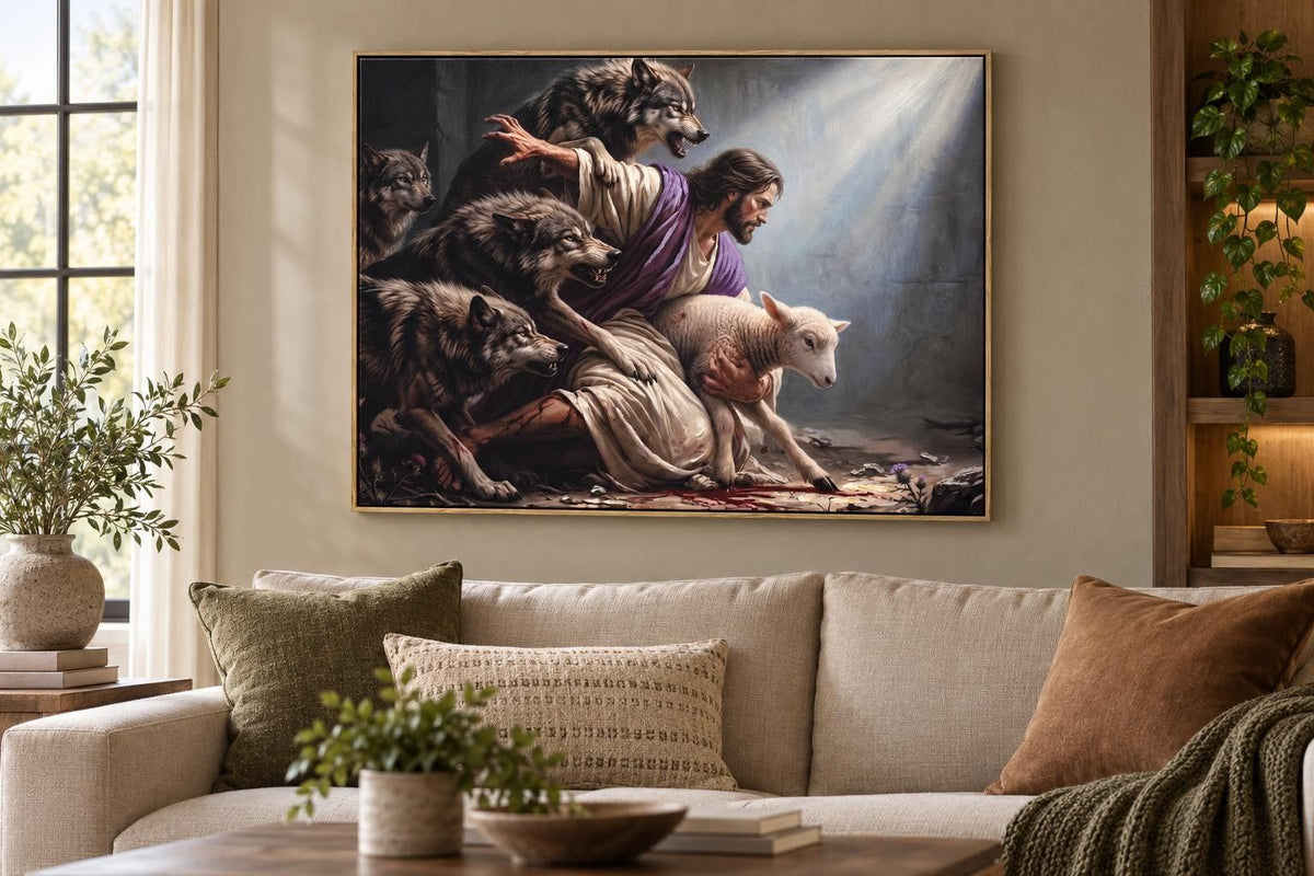 Refuge In His Arms - 48 X 36 - Hand-Embellished Canvas In Frame - Gray, White, Purple