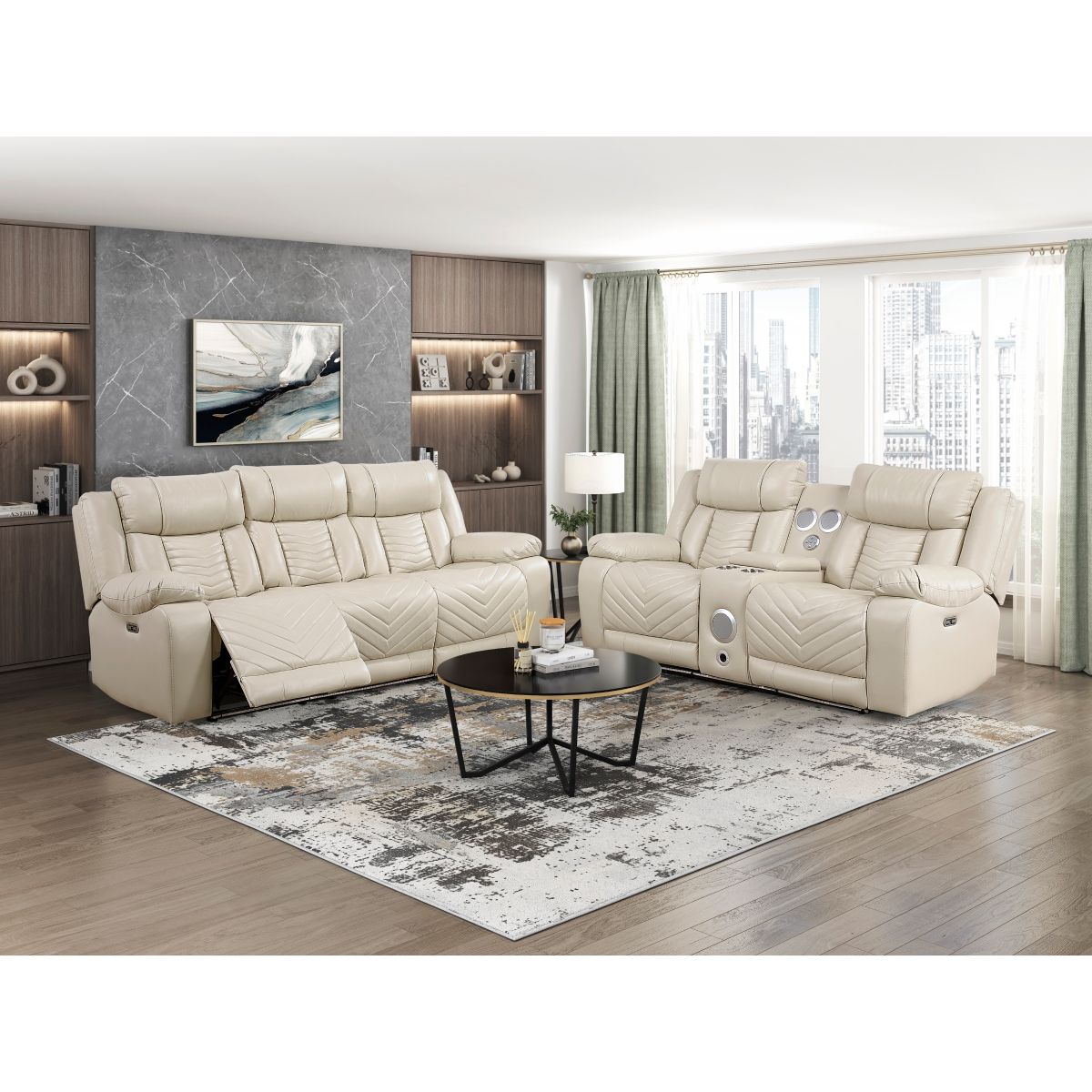Huron - Power Double Reclining Sofa With Center Drop-Down Cup Holders, Wireless Charger, Magazine Bag, LED And Charging Ports
