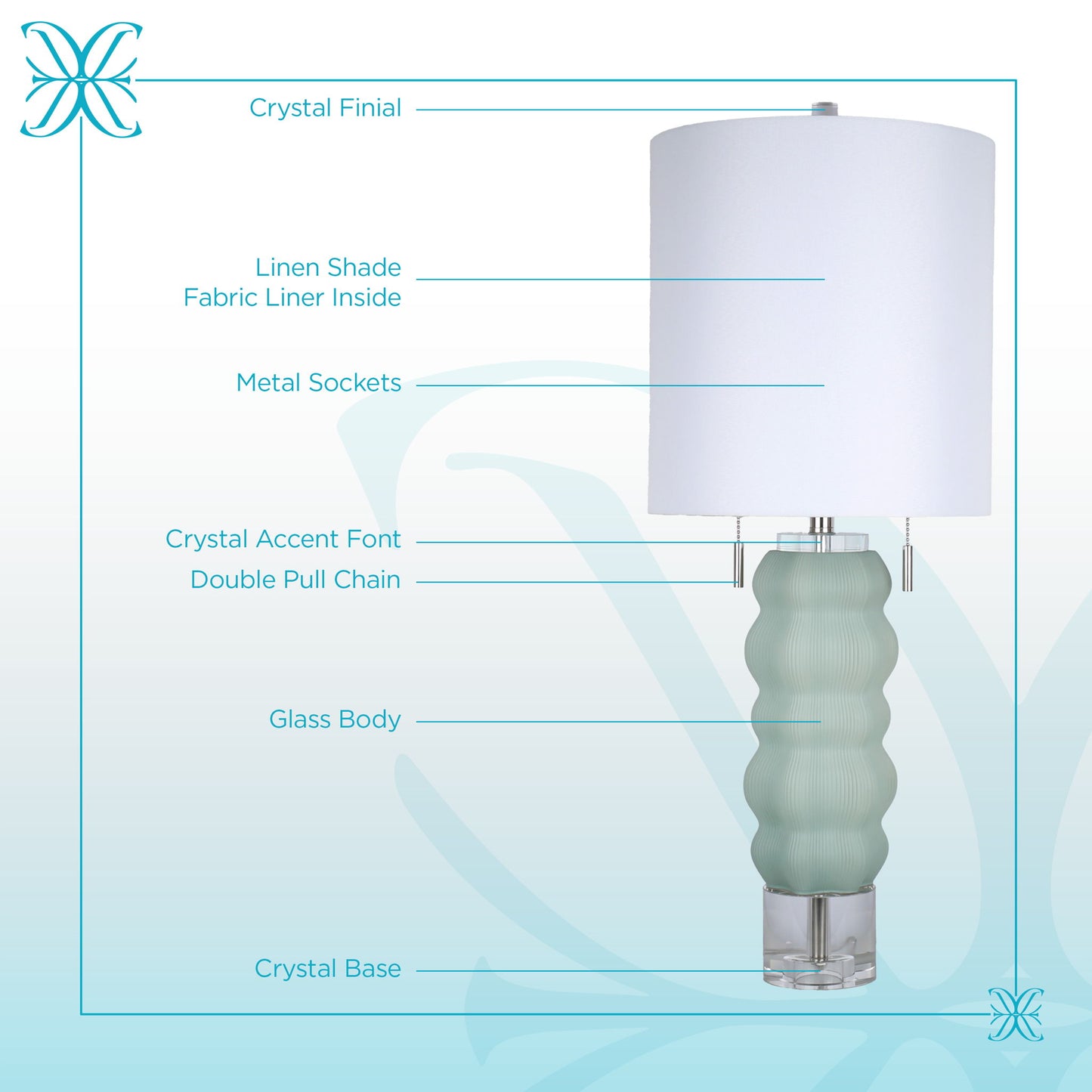 Oceanic Wave Glass & Crystal Table Lamp (Set of 2) - Mist Blue / Clear Crystal