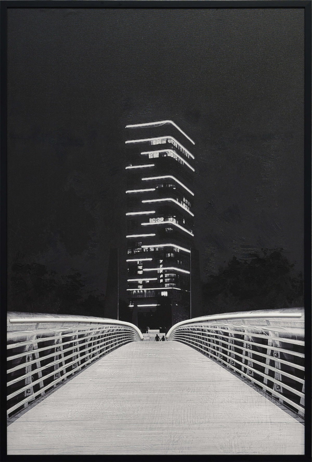 Electric Promenade - 32 X 48 - Hand-Embellished Color Changing Neon Canva - Black