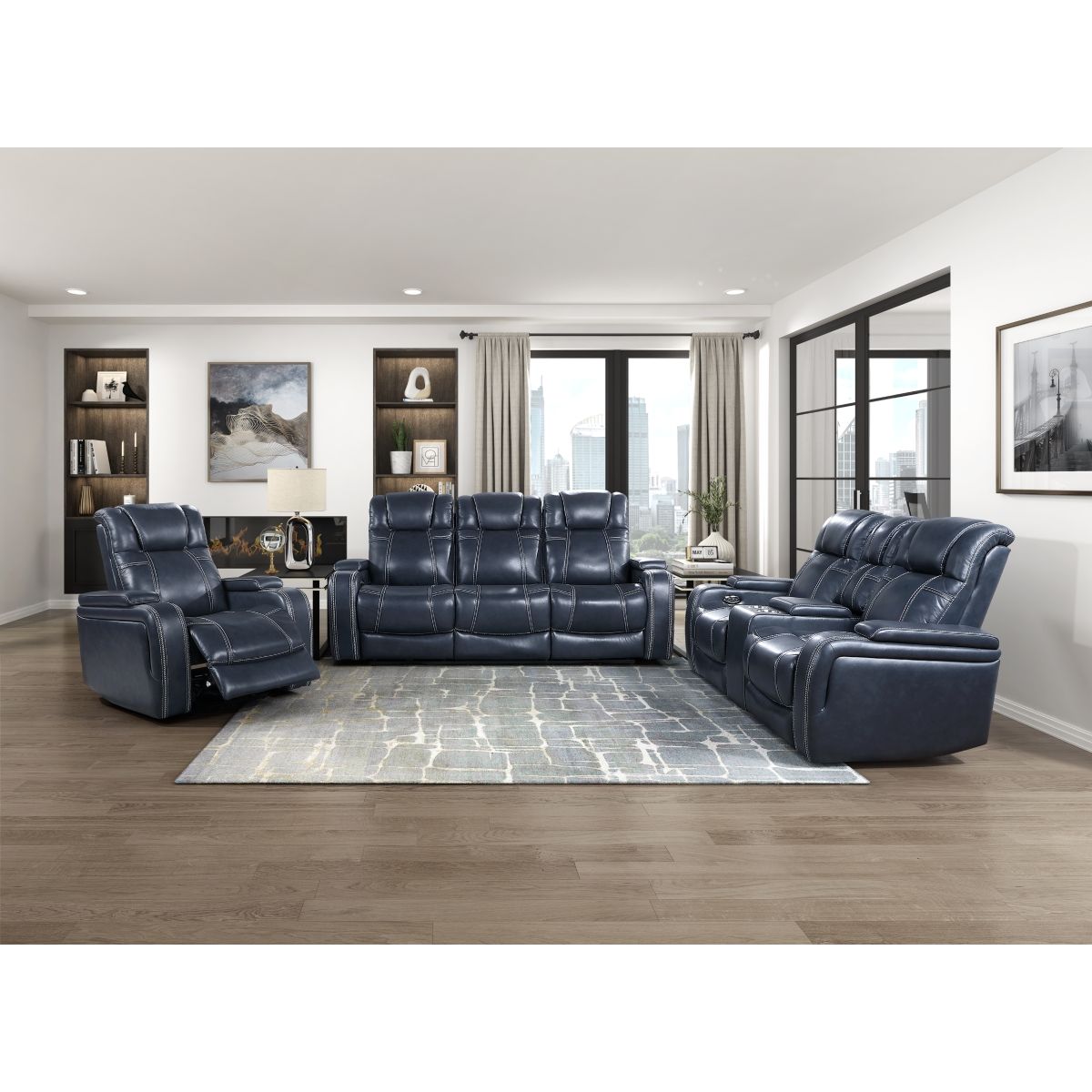 Keziah - Power Double Reclining Sofa With Power Headrests And Storage Arms - Blue