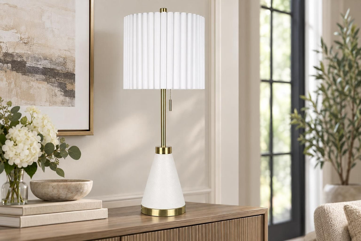 Gilded Cadence - 32 X 11 - Metal Buffet Lamp (Set of 2) - Textured White Pu Leather, Soft Gold