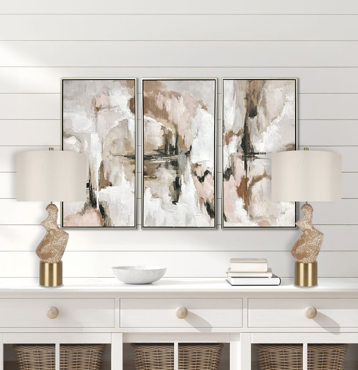 "Sculptural Serenity" Ceramic Table Lamp (Set of 2) - Stone / Soft Gold