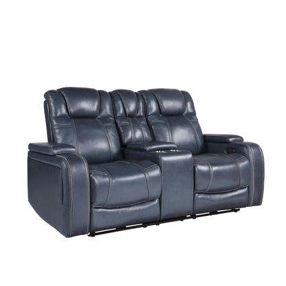 Keziah - Power Double Reclining Loveseat With Center Console, Power Headrests And Storage Arms - Blue
