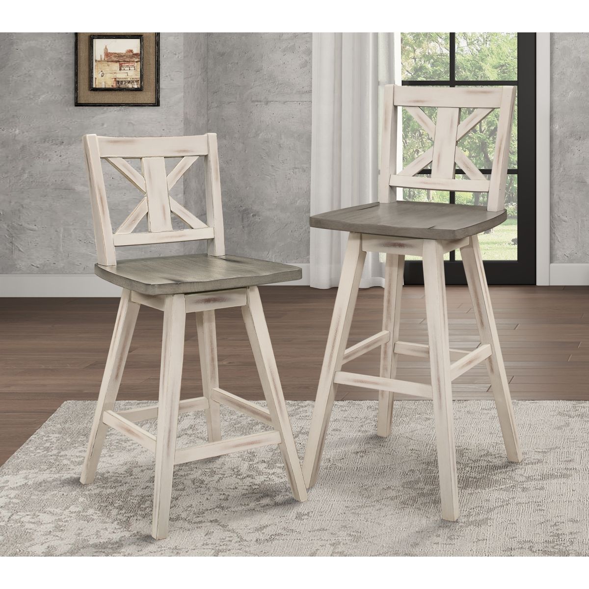Amsonia - Swivel Counter Height Chair (Set of 2) - White / Distressed Gray