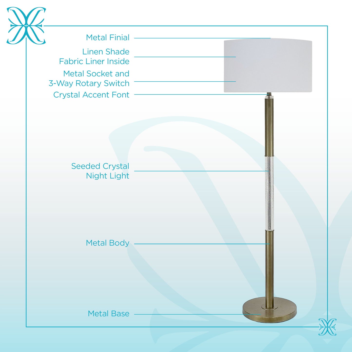 Golden Brilliance Metal & Seeded Crystal Floor Lamp With Night Light - Matte Golden Bronze