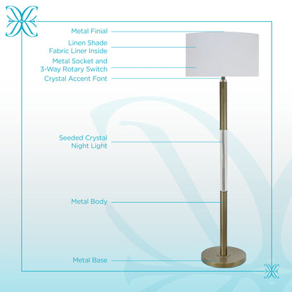 Golden Brilliance Metal & Seeded Crystal Floor Lamp With Night Light - Matte Golden Bronze