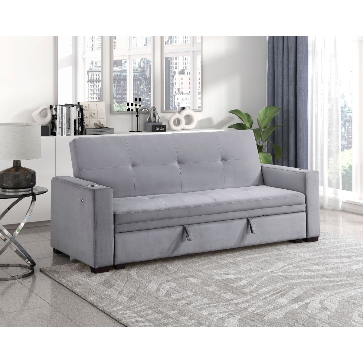 Grady - Convertible Sofa With Hidden Storage, Cup Holders And Charging Ports - Gray
