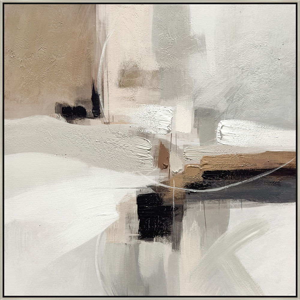 "Earthy Abstraction II" Hand-Embellished Canvas In Frame - Neutral / Black / White