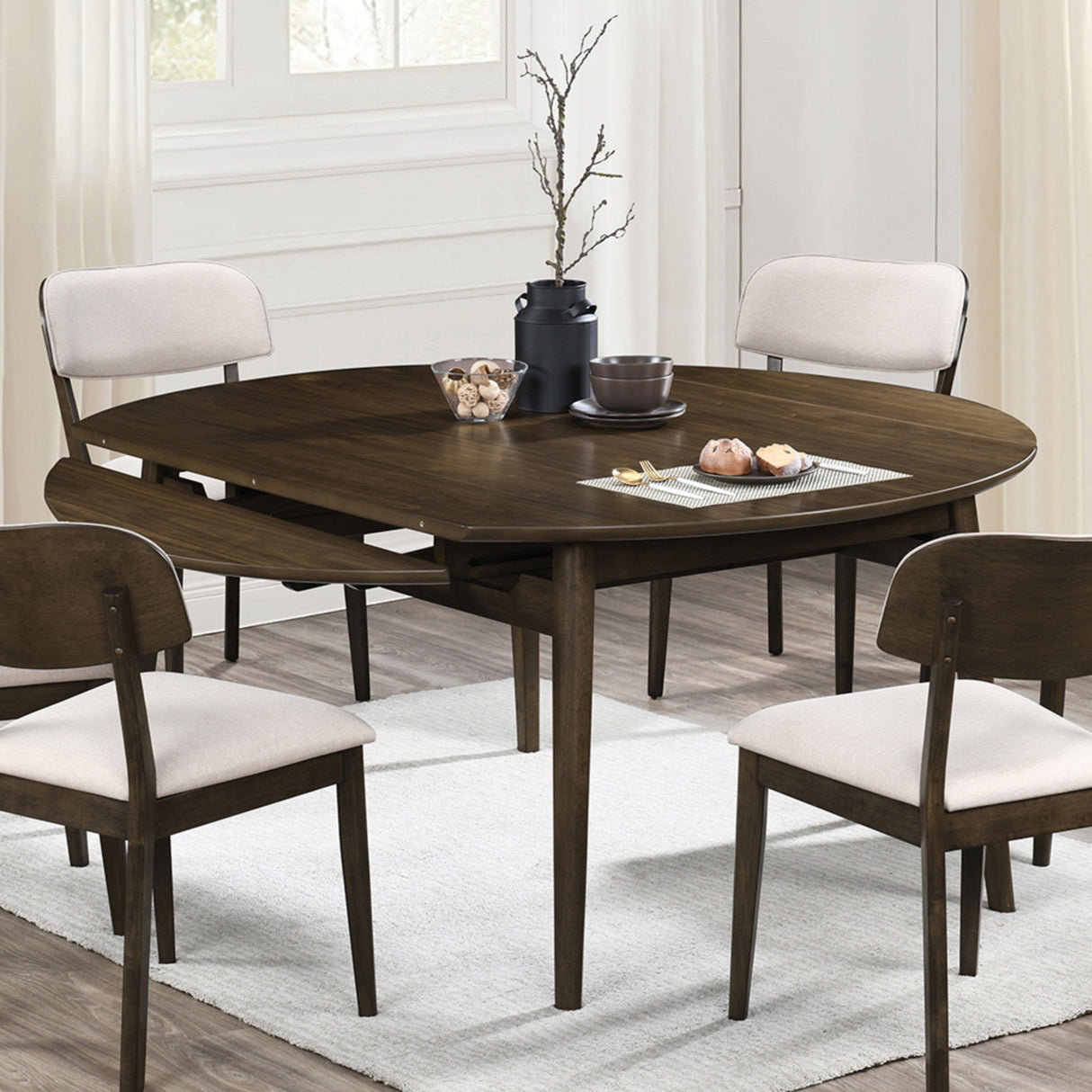 Rex - 65" Round Table With Self Storing Leaves - Walnut