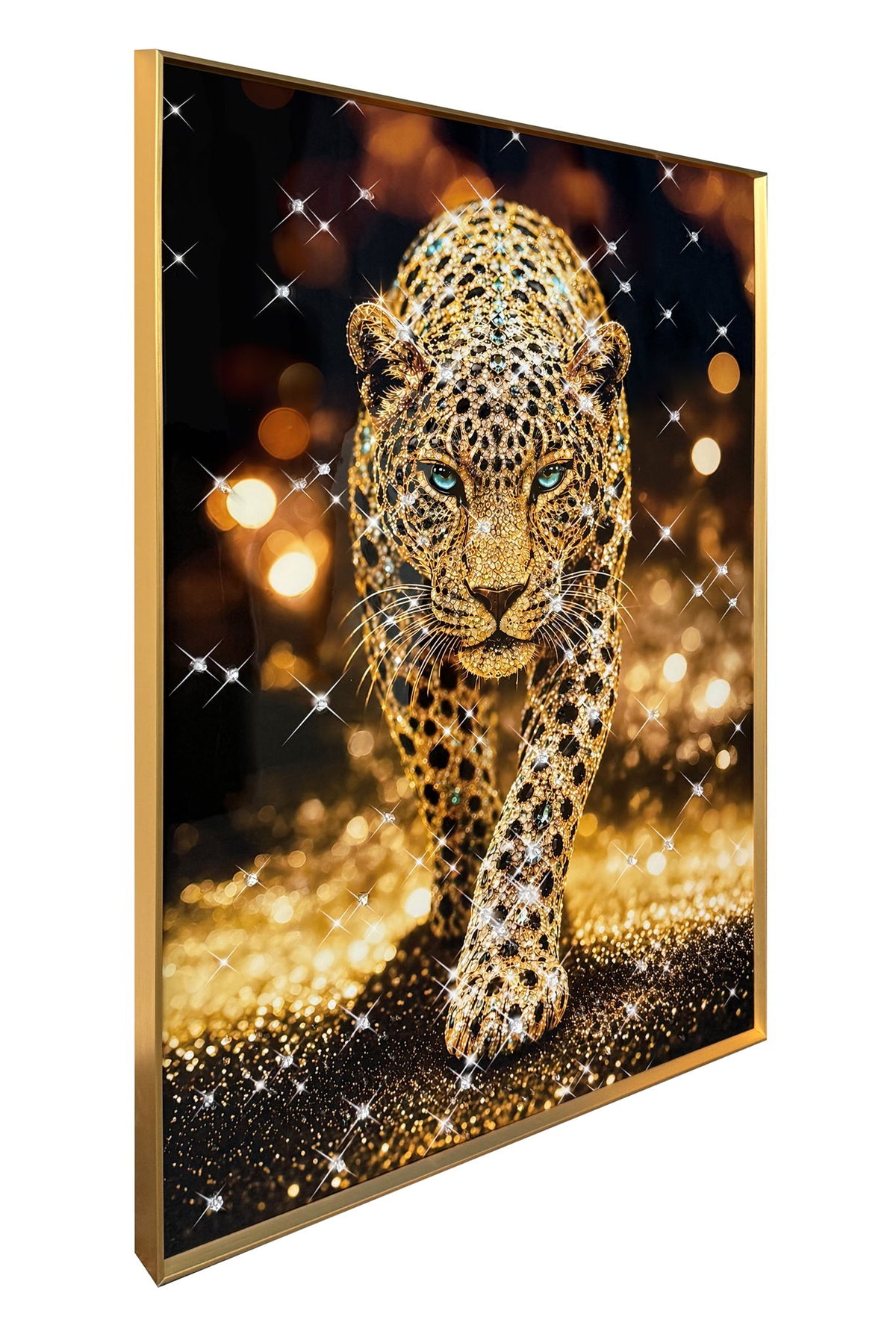 Gilded Leopard Stride - 32 X 47 - Gloss With Foil & Rocks In Frame - Gold, Black
