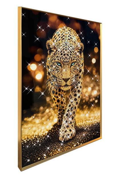 Gilded Leopard Stride - 32 X 47 - Gloss With Foil & Rocks In Frame - Gold, Black