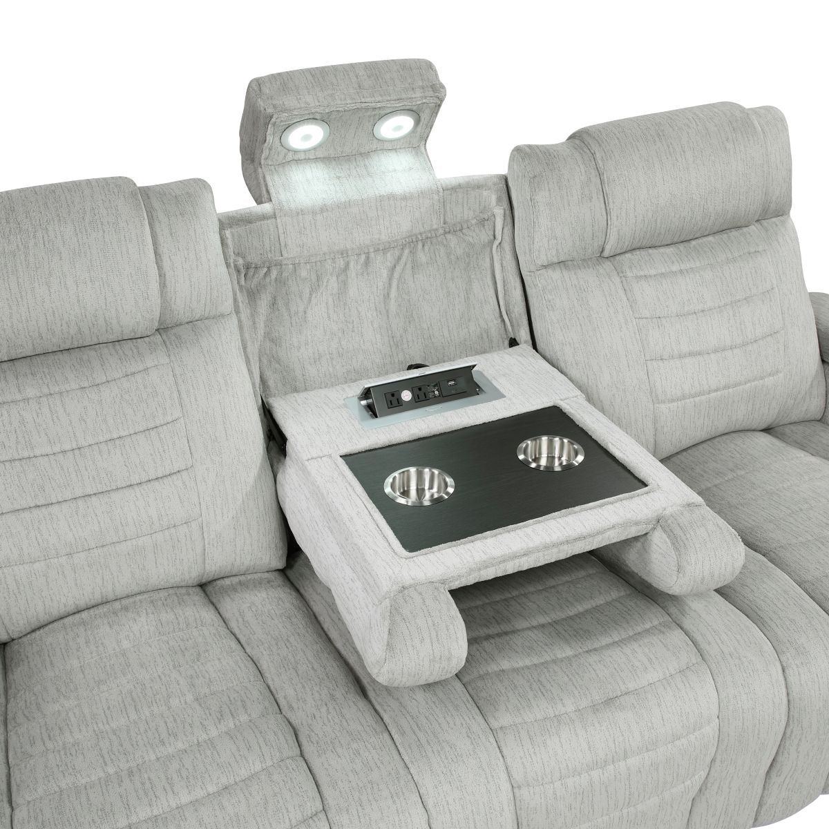 Ronan - Double Reclining Sofa With Center Drop-Down Cup Holders, Storage Arms, Cup Holders, Reading Lights, Magazine Bag, Receptacles, Charging Ports And Led - Gray