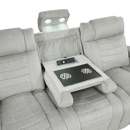 Ronan - Double Reclining Sofa With Center Drop-Down Cup Holders, Storage Arms, Cup Holders, Reading Lights, Magazine Bag, Receptacles, Charging Ports And Led - Gray