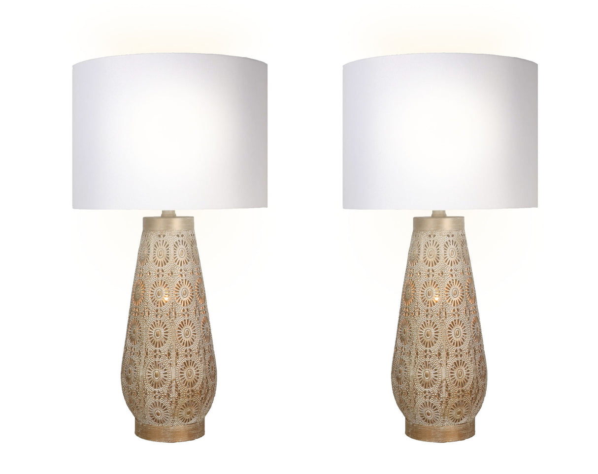 "Celestial Carve" Laser Cut Metal Table Lamp With Night Light (Set of 2) - Distressed White / Distressed Tan
