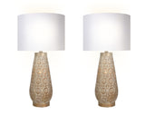 "Celestial Carve" Laser Cut Metal Table Lamp With Night Light (Set of 2) - Distressed White / Distressed Tan