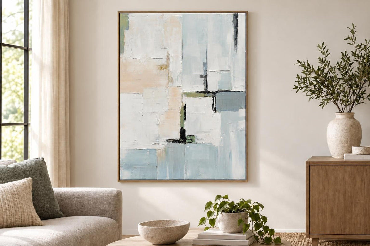 Quiet Intervals II - 35 X 47 - Hand-Painted Canvas In Frame - Ivory, Pale Blue, Beige, Gray, Black, Muted Green