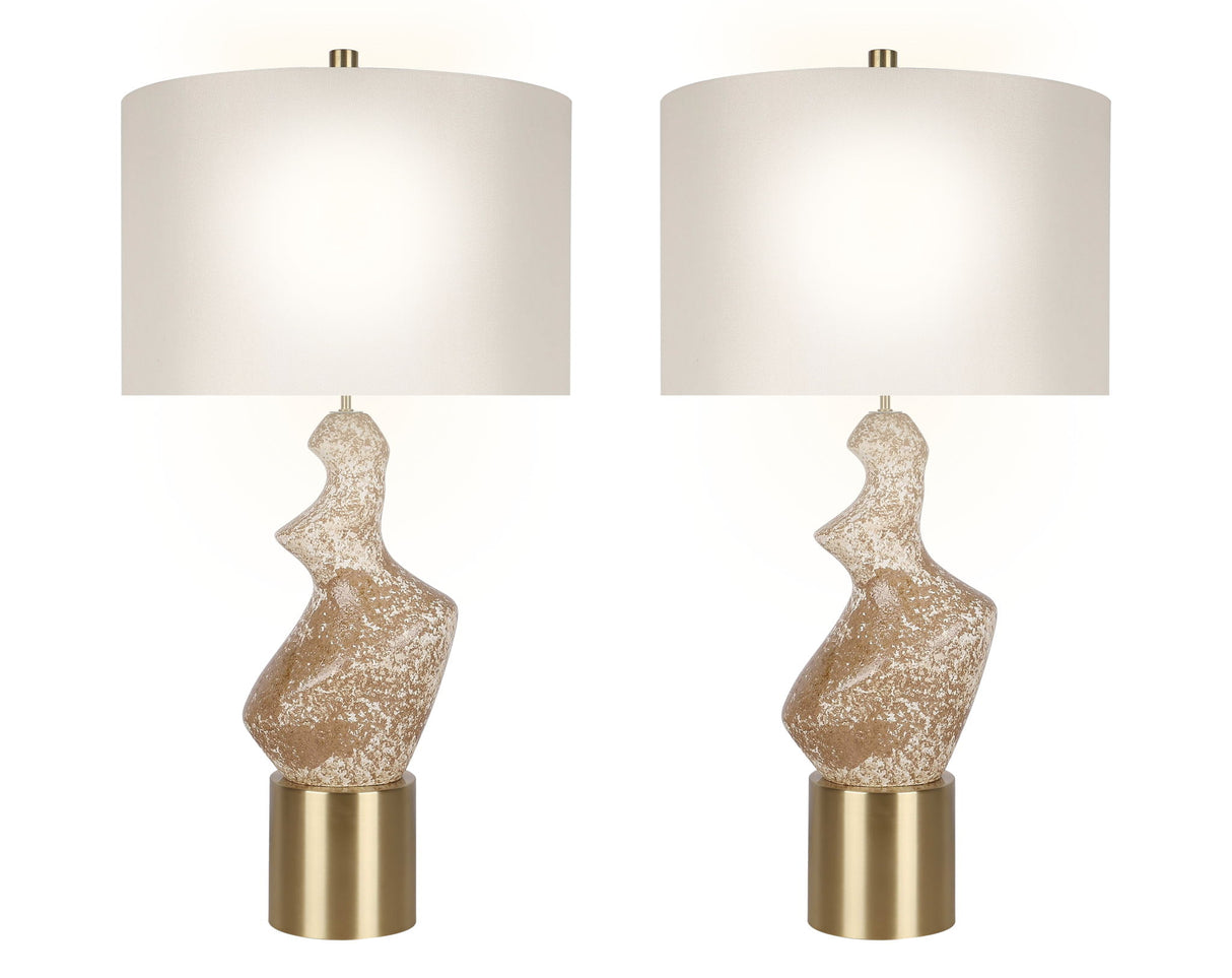 "Sculptural Serenity" Ceramic Table Lamp (Set of 2) - Stone / Soft Gold