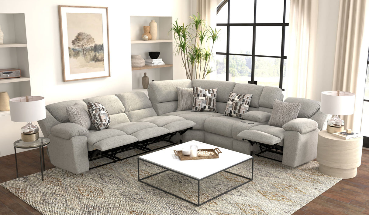 Quinn - 3 Piece Reclining Sectional With 4 Reclining Seats, Storage Arms, Storage Console With Lights, And Drop Down Table - Nature