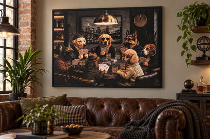 The Canine Card Club - 48 X 36 - Hand-Embellished Canvas In Frame - Black, Brown, Amber