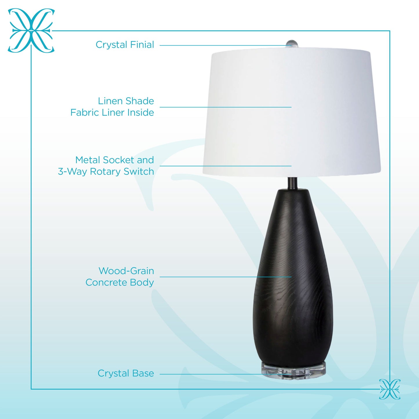 Obsidian Drift Concrete & Crystal Table Lamp (Set of 2) - Black Grain Concrete / Clear Crystal