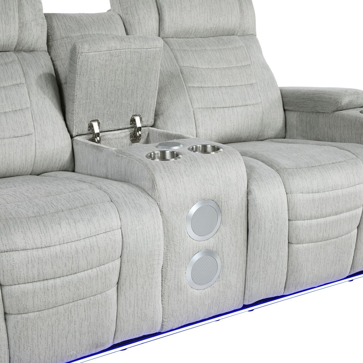 Ronan - Double Reclining Loveseat With Center Console, Wireless Speakers, Storage Arms, Cup Holders And Led - Gray