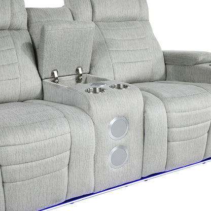 Ronan - Double Reclining Loveseat With Center Console, Wireless Speakers, Storage Arms, Cup Holders And Led - Gray