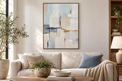Quiet Intervals I - 35 X 47 - Hand-Painted Canvas In Frame - Ivory, Pale Blue, Beige, Gray, Black, Ochre