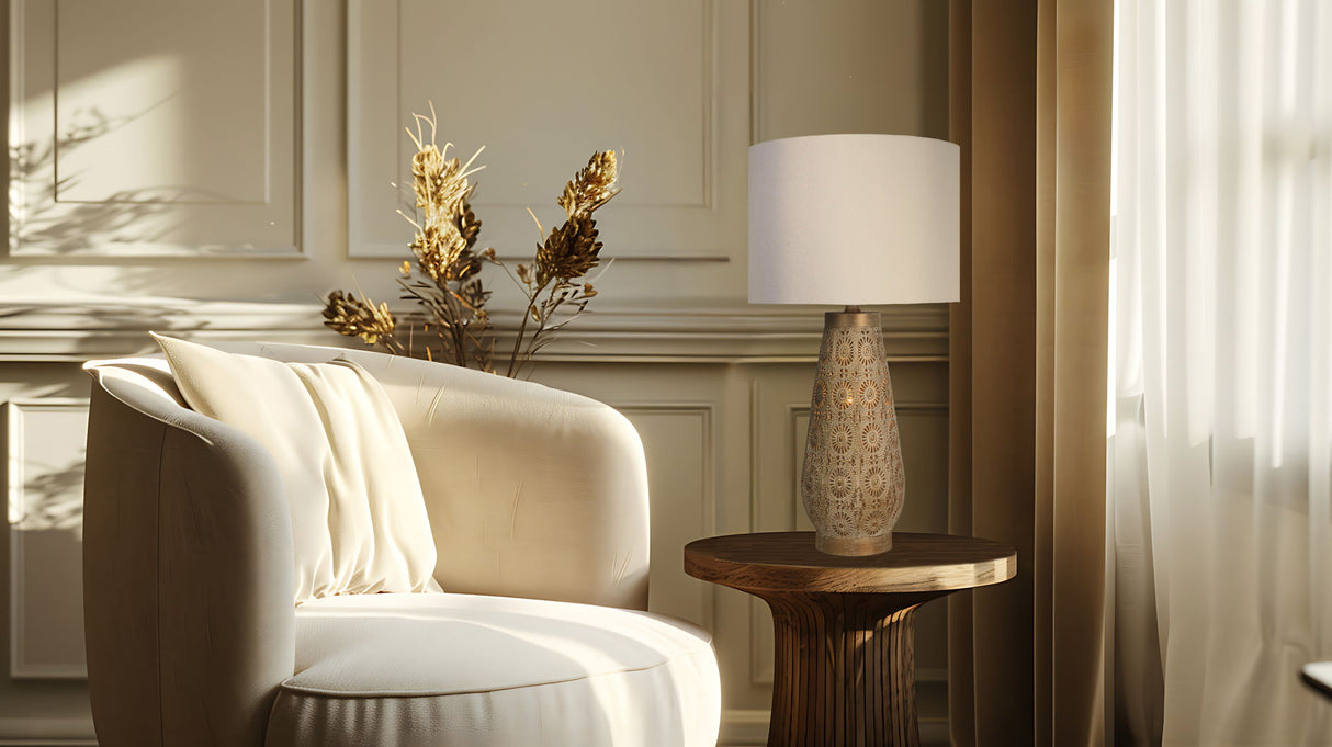 "Celestial Carve" Laser Cut Metal Table Lamp With Night Light (Set of 2) - Distressed White / Distressed Tan