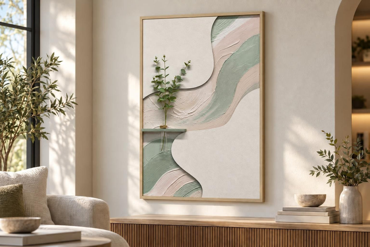 Sage Ribbon II - 33 X 48 - Hand-Painted Neon Canvas In Frame - White