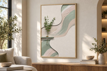 Sage Ribbon II - 33 X 48 - Hand-Painted Neon Canvas In Frame - White