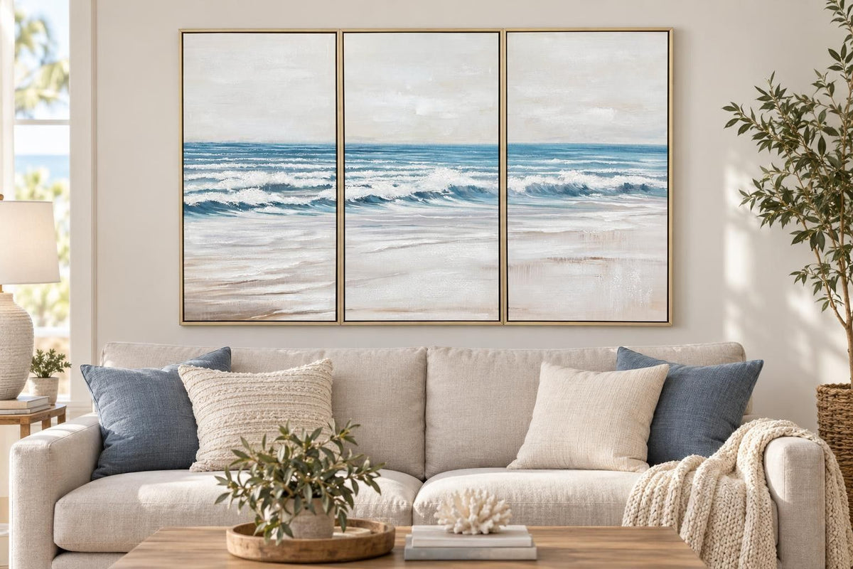 Shoreline Cadence - 59 X 39 - Hand-Embellished Canvas Triptych In Frame - Blue