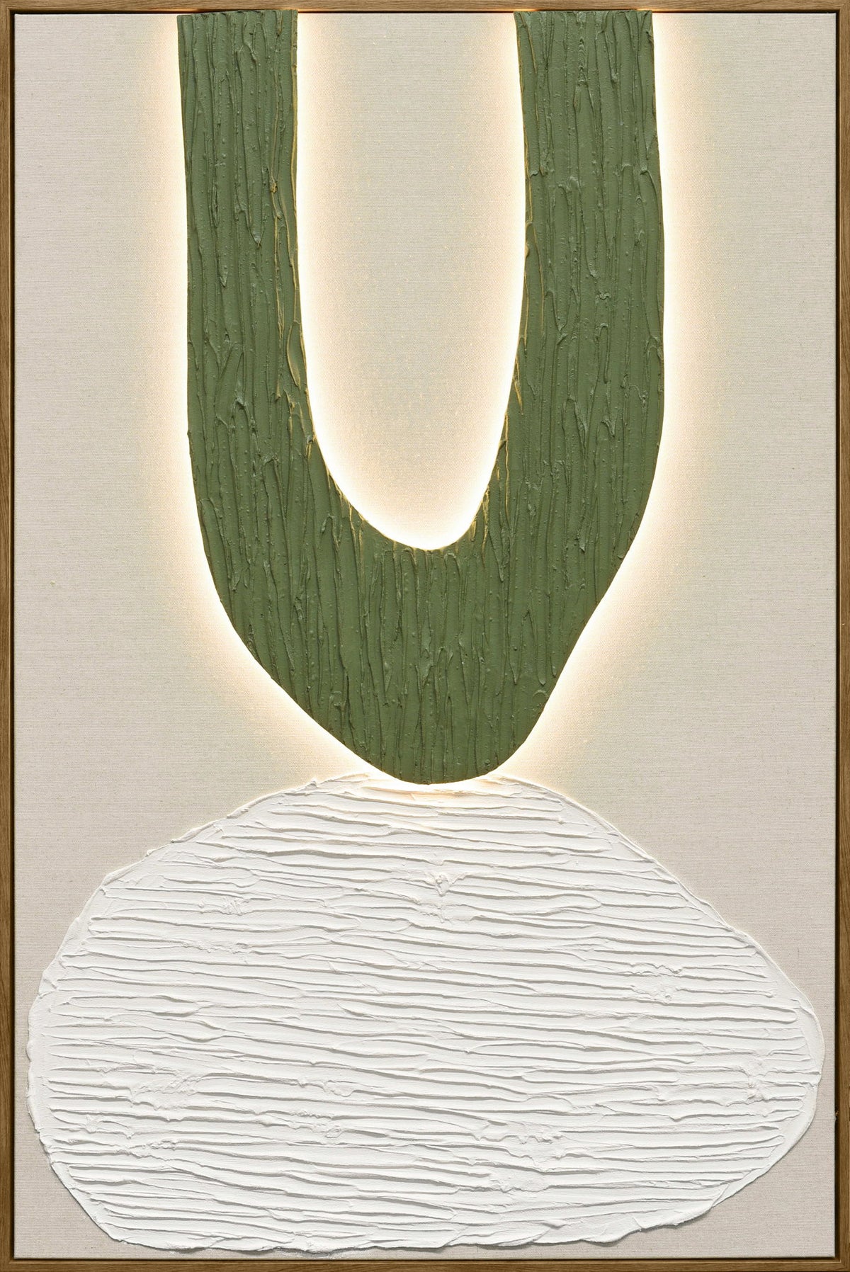 Mosslight Balance II - 32 X 47 - Hand-Painted Neon Canvas In Frame - Olive Green