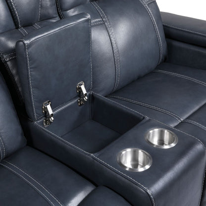 Keziah - Power Double Reclining Loveseat With Center Console, Power Headrests And Storage Arms - Blue